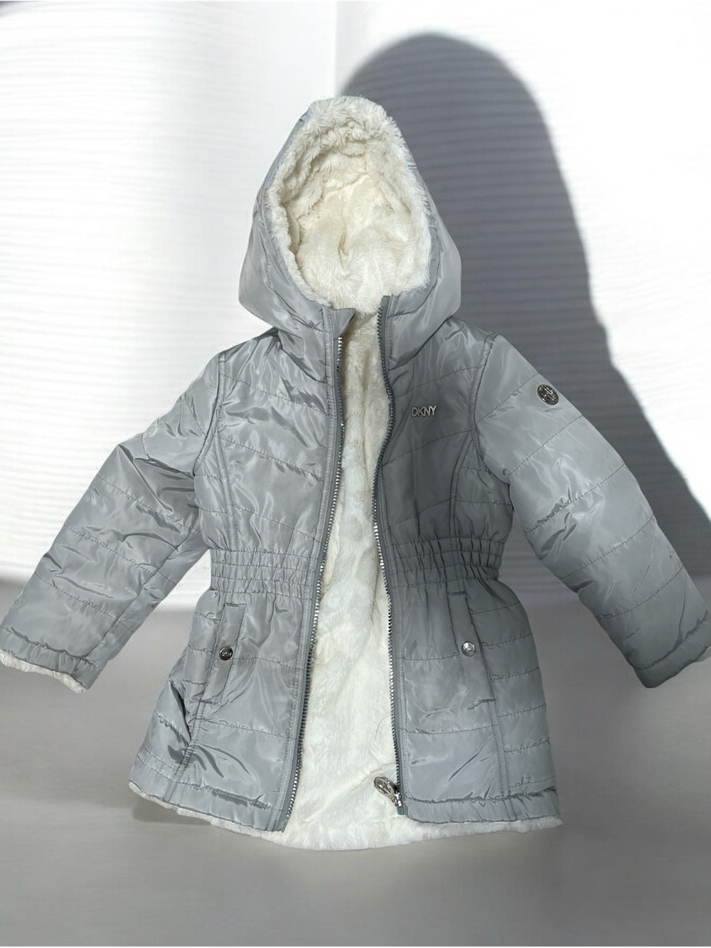DKNY Light Gray Girls' Hooded Puffer Coat with Faux Fur Trim